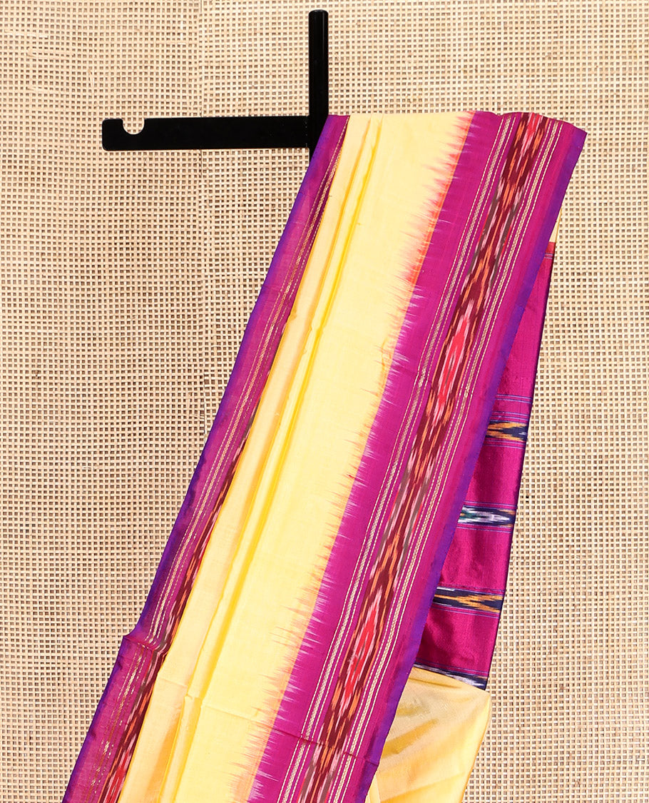 Yellow Plain Pochampally Ikat Silk Saree, Complemented by a Contrast Ikat Textured Border, Ikat Pallu, and No Blouse