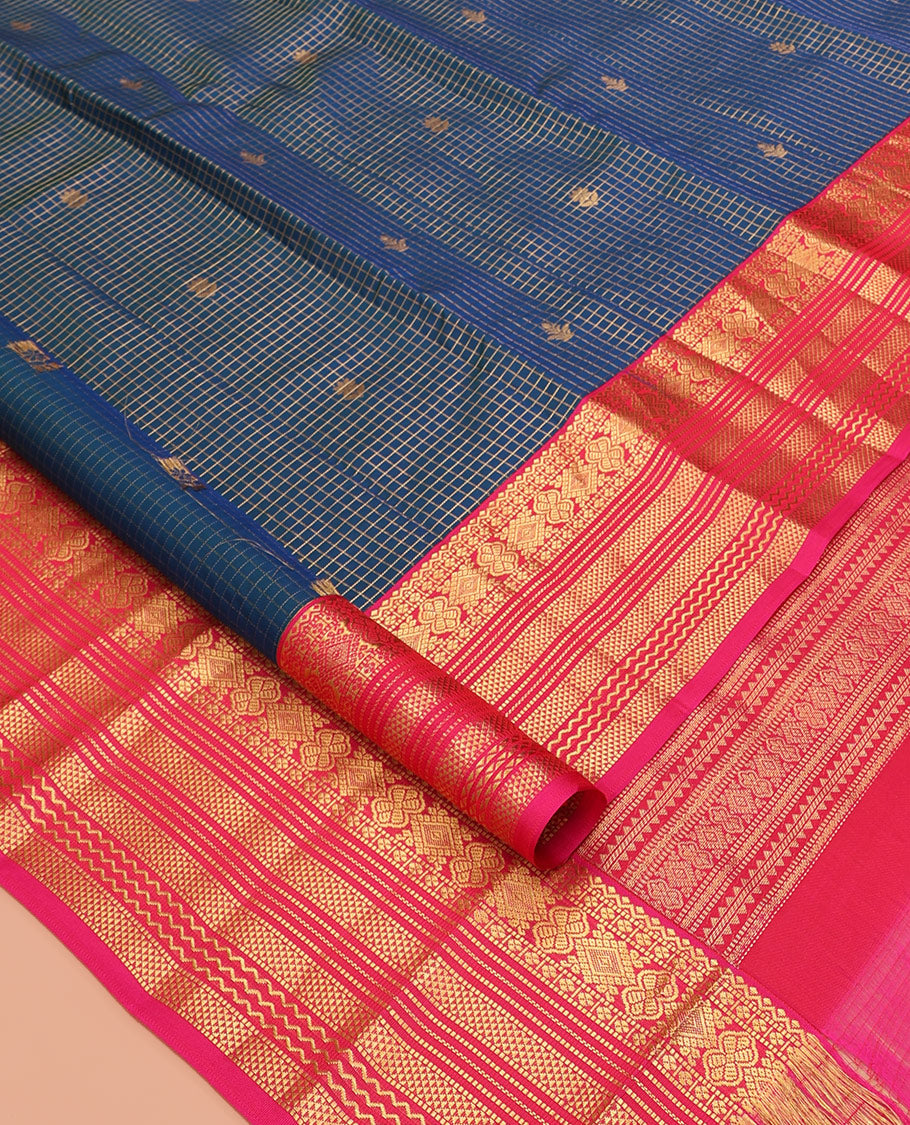 Blue Buttas-Checked Vasundhara Lite Silkmix Saree, Contrast Ara Maadam Border, Grand Pallu, Contrast Blouse