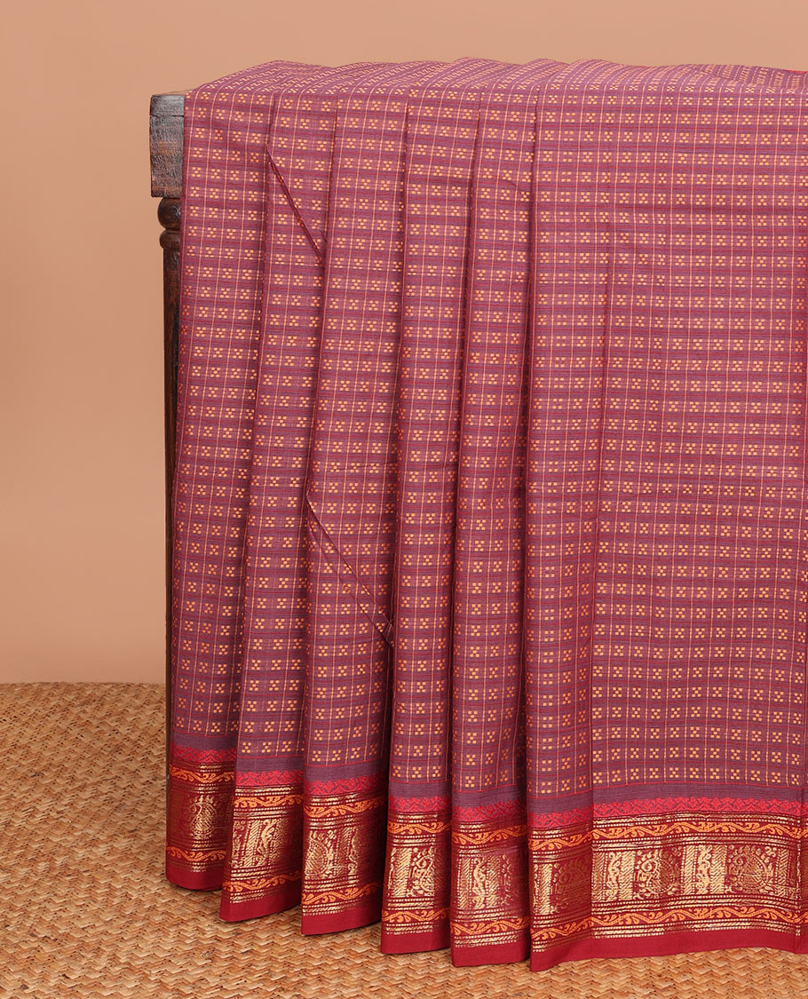 Maroon stripes & dobby-style buttas Chettinad cotton saree, contrast traditional zari motif border & striped pallu