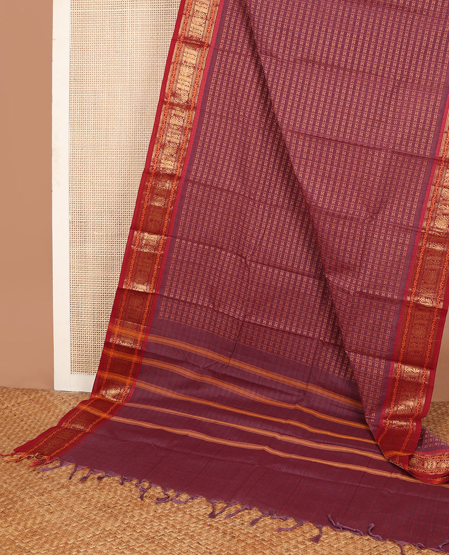 Maroon stripes & dobby-style buttas Chettinad cotton saree, contrast traditional zari motif border & striped pallu