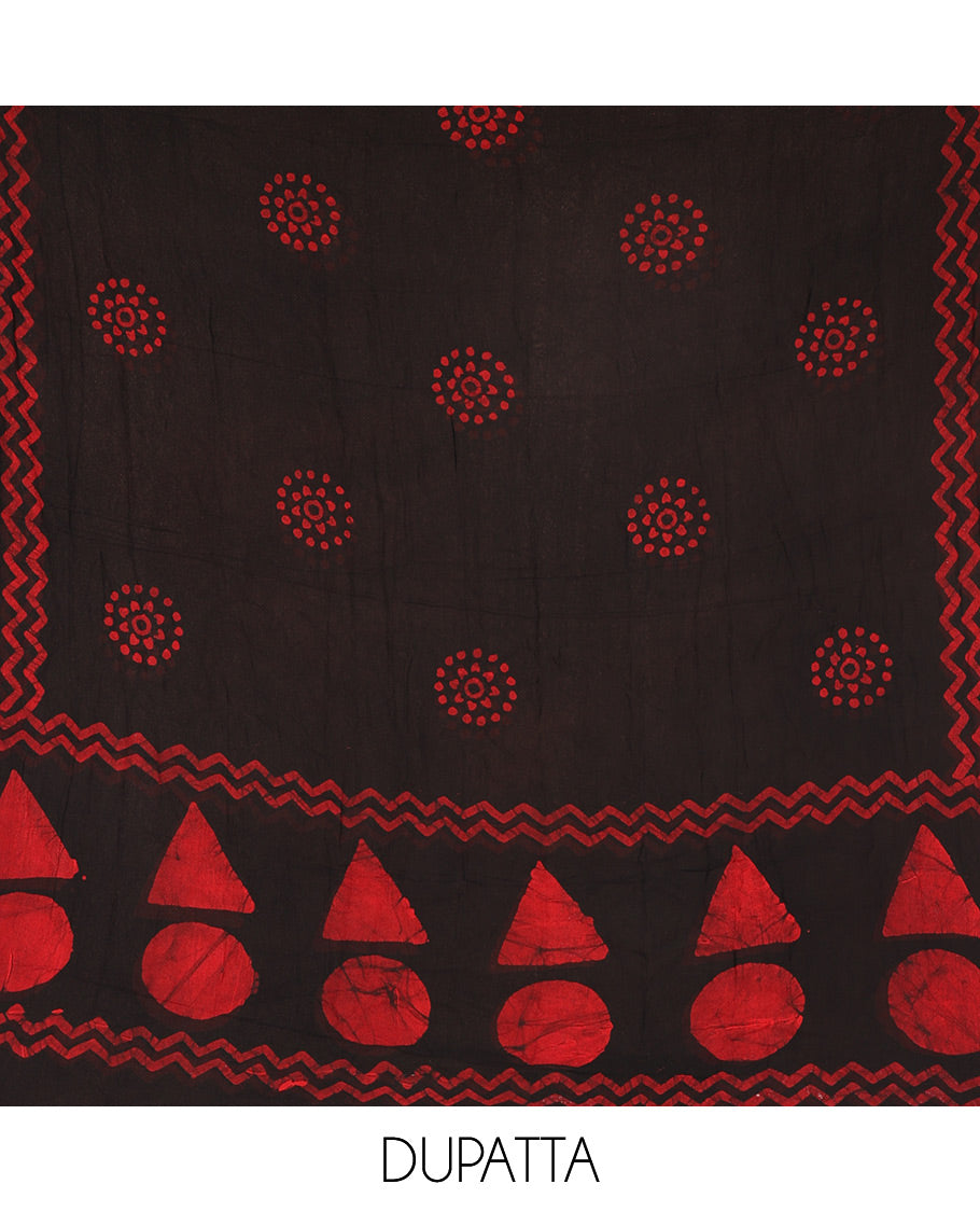 Black and red viscose georgette material churidar set, geometric shapes batik hand block printed top, plain bottom, and batik hand block printed dupatta