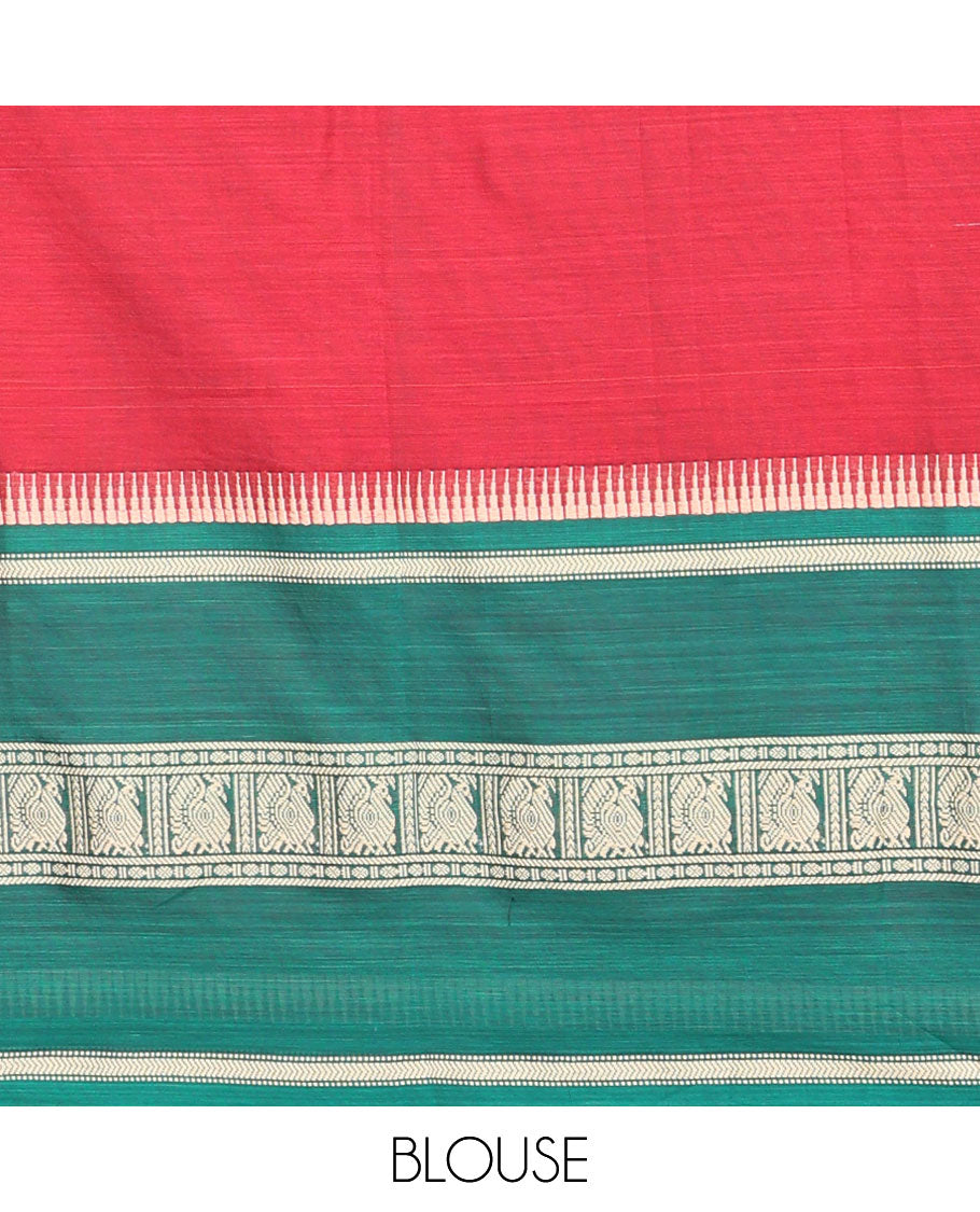 Red cotton half saree with contrast zari design border, zari design blouse & plain, intricate zari design border dhavani