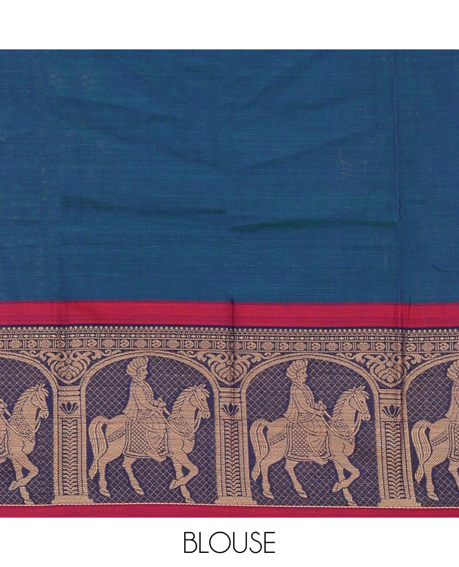 Blue with maroon mercedised cotton half-saree, contrast elephant zari border skirt, matching blouse & one side border georgette dhavani