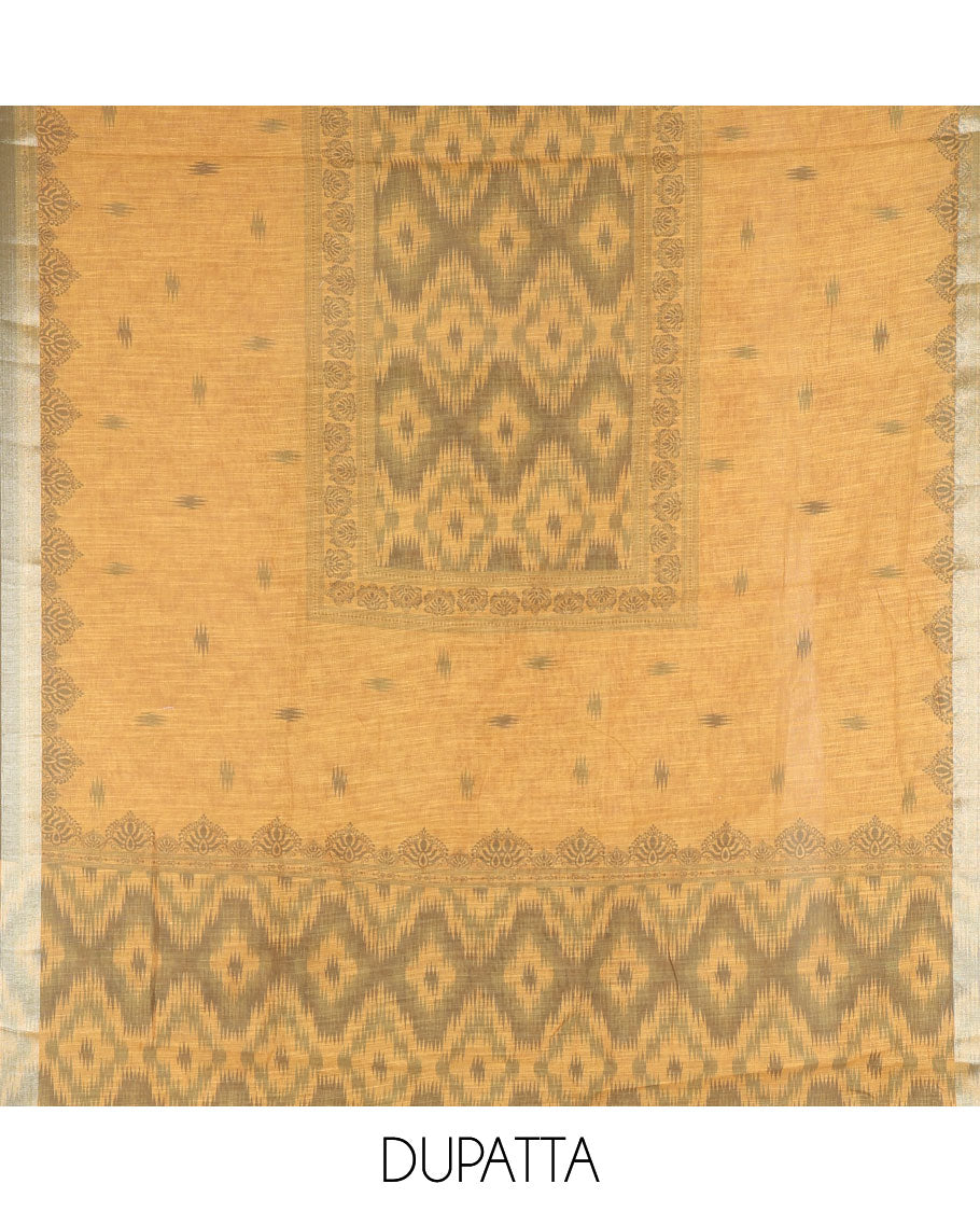 Mehendi green Vertican silk material chudidar set, vertical ikkat stripes, and kantha work top, contrast plain slub cotton bottom, and linen contrast ikkat printed zari border dupatta