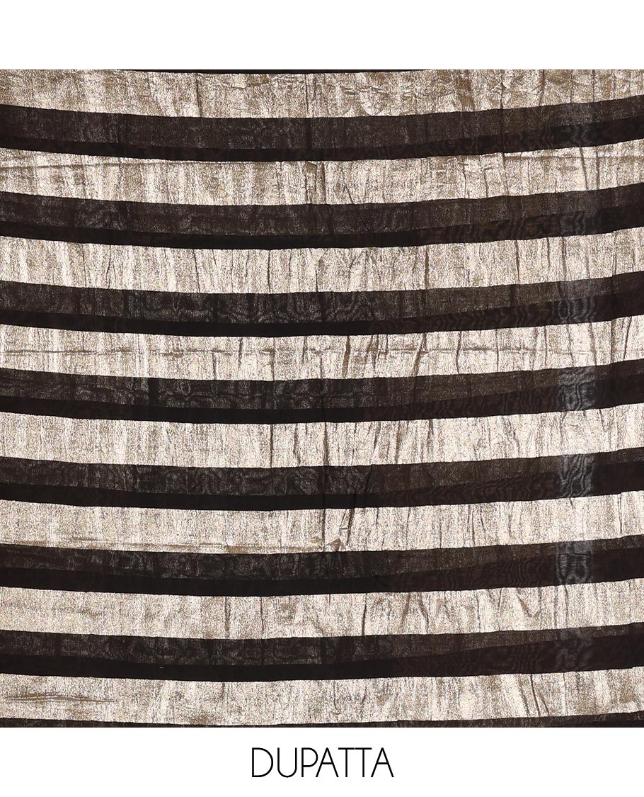 Black material chudidar set, plain with pom-pom tasseled mul chanderi top, a matching bottom, and organza dupatta of stripes
