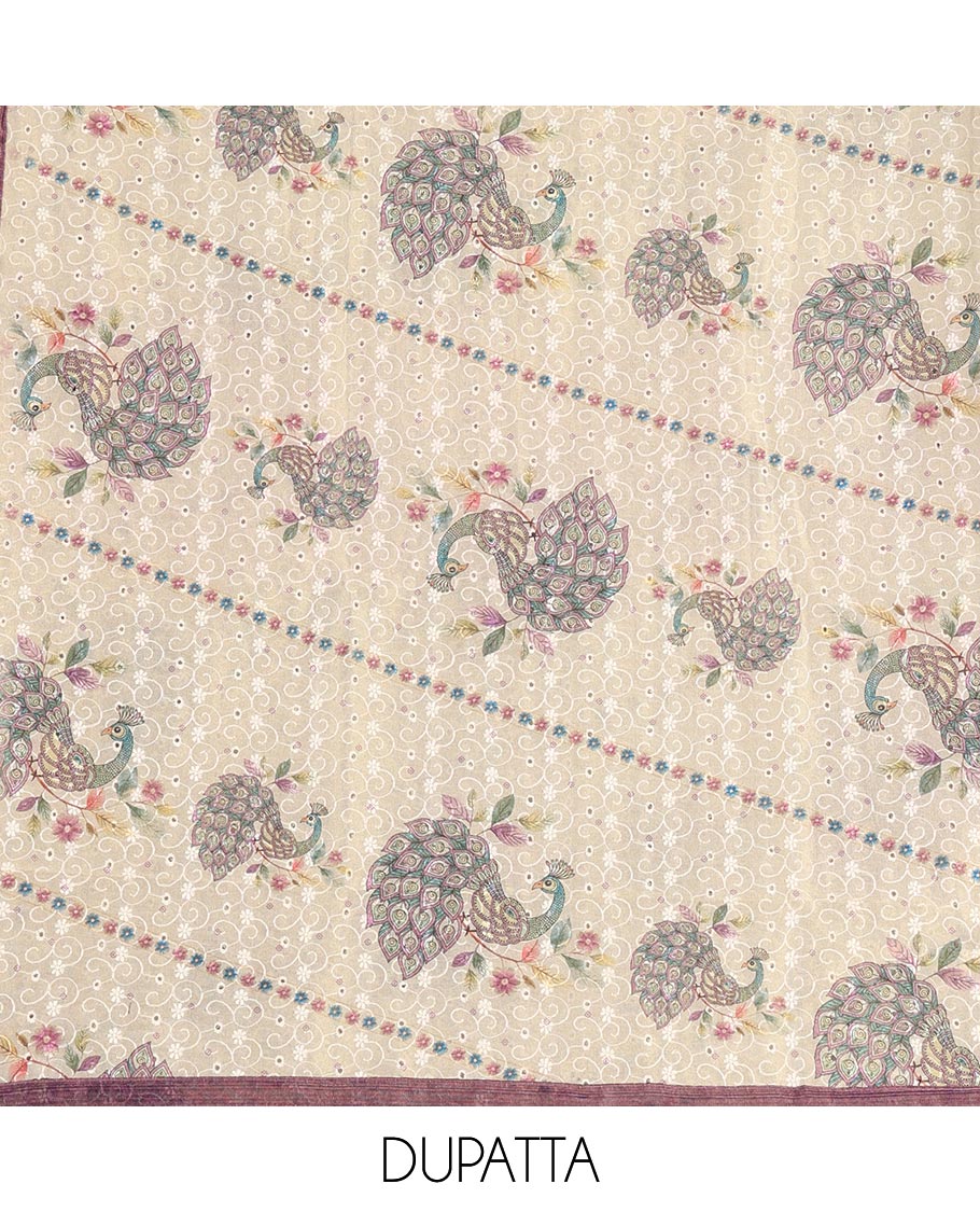 Wine tissue material chudidar set, peacock printed with neck patch embroidered top, plain bottom, dupatta of peacock print, and cut work