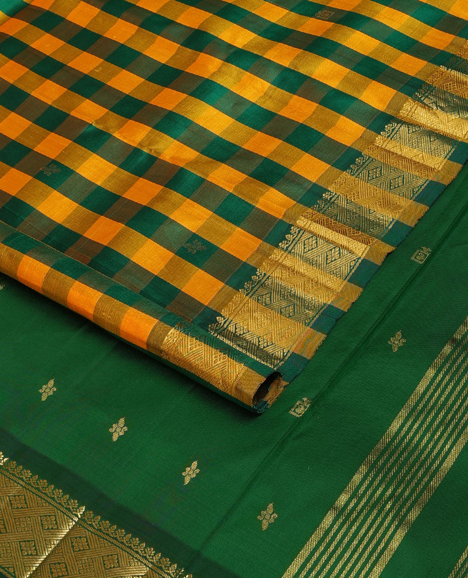 Multi-color checked & zari buttas Kanchipuram silk saree, one-sided zari design border & zari design pallu