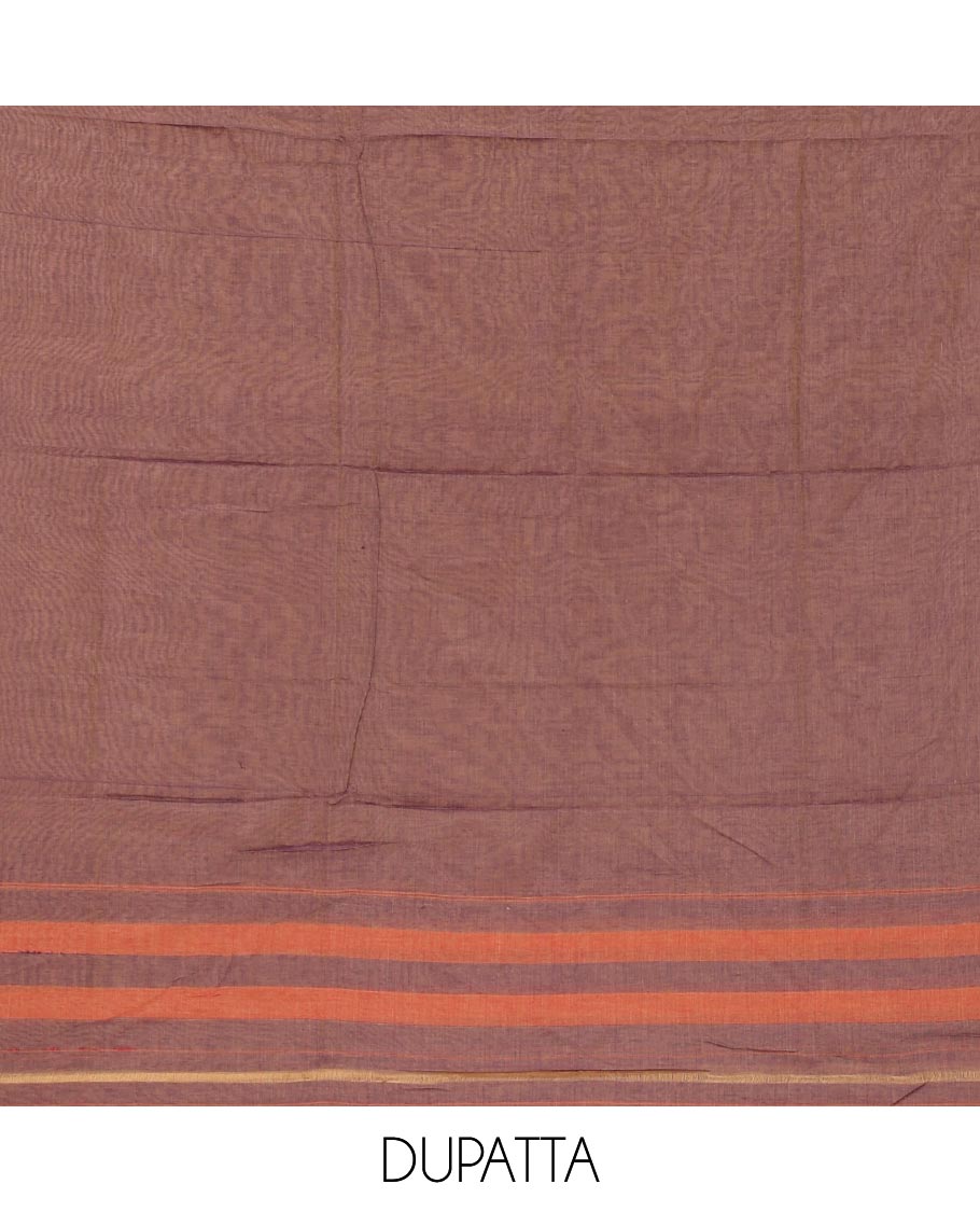 Lavender mercerized cotton material chudidar set,plain contrast traditional rudraksham border top,matching bottom & 2-sided rudraksham border dupatta