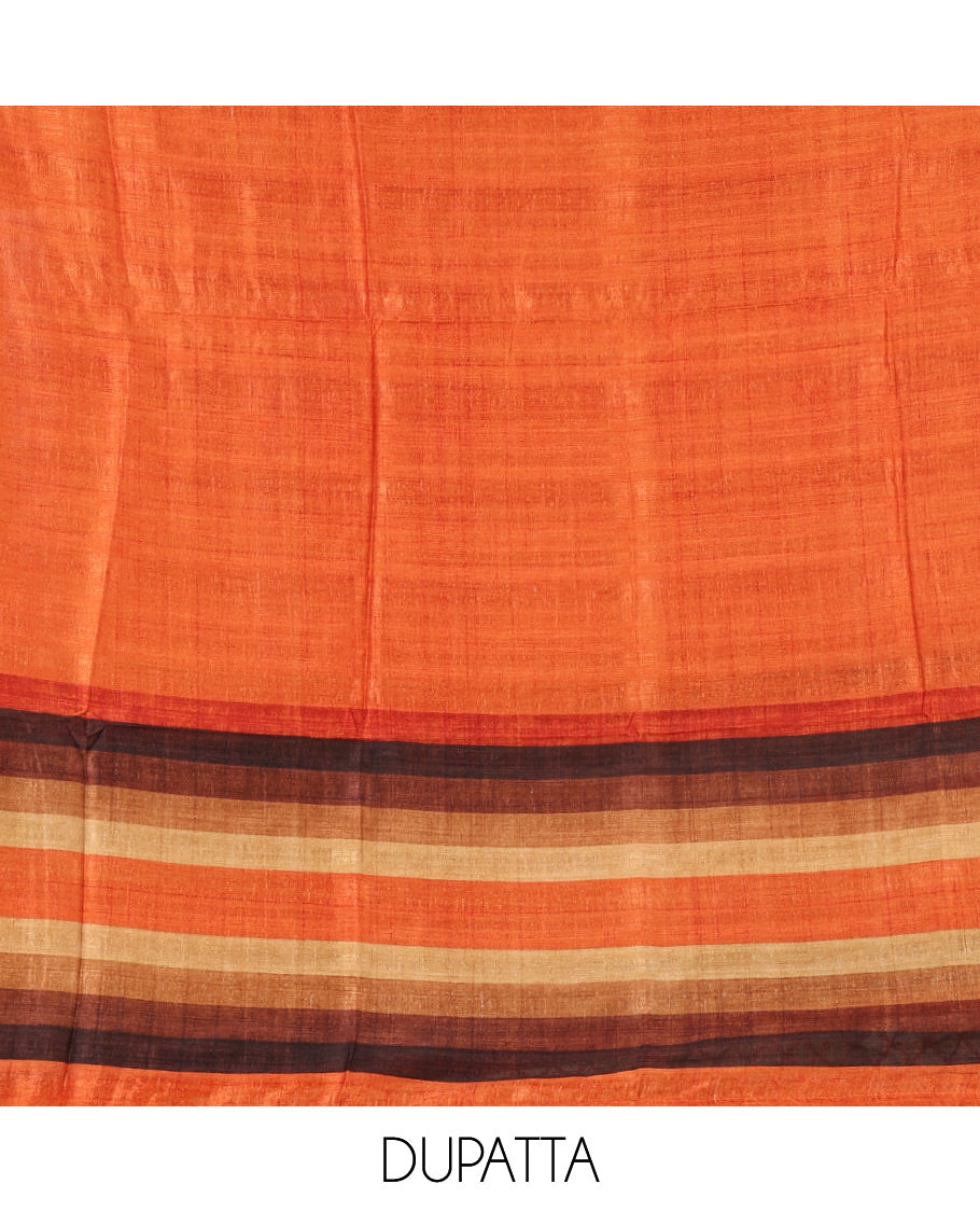 Burnt orange material chudidar set, horizontal ombre striped semi-tussar top, plain santoon bottom & horizontal ombre striped dupatta with tassels