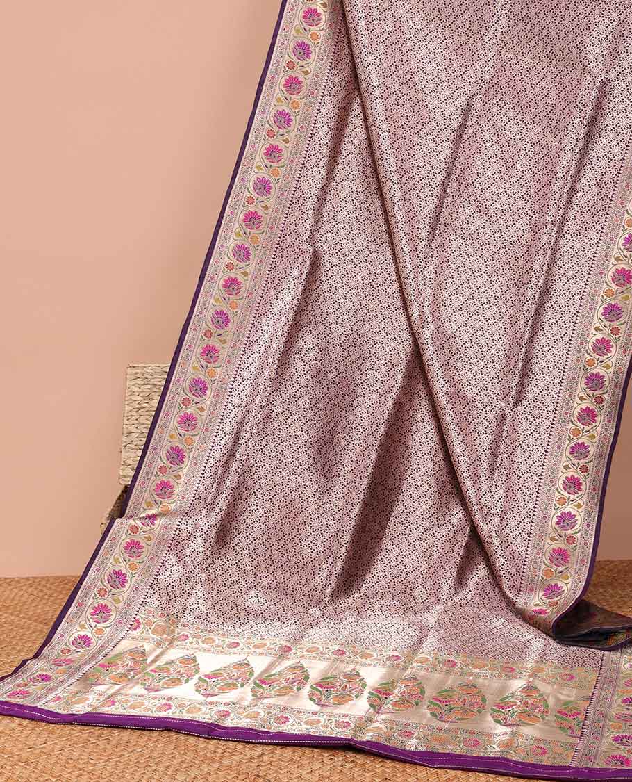 Purple floral jaal banaras silk saree with contrast floral border & floral zari design pallu