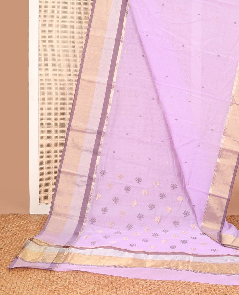 Lavender motifs chanderi cotton saree with contrast border & leaf motifs, striped pallu