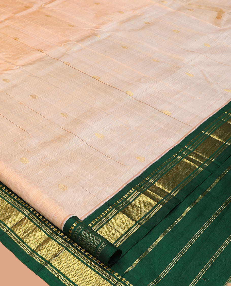 Sandal Zari Buttas Kanchipuram Silk Saree, Complemented by a Contrast Korvai Border of Panner Sombu, Muthu, Banaras, and Mayil Kann Design, Pallu of Zari Design, and No Blouse
