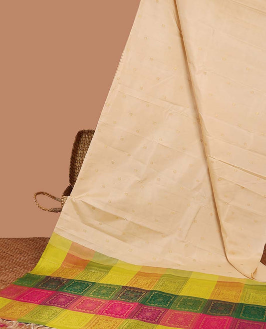 Borderless sandal zari buttas Kanchipuram silk saree, contrast multi-color pallu of intricate designs