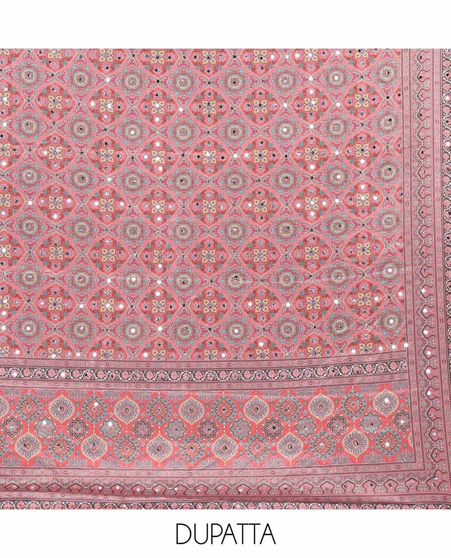 Peach jacquard, ajrakh print, mirror work crepe chudidhar material top with american crepe pant & chinnon ajrakh print, mirror work dupatta