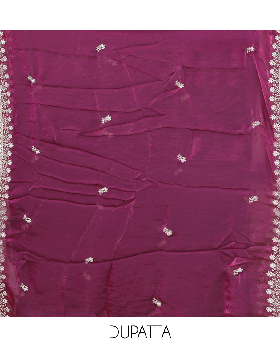 Dark Purple Fendi Organza Material Churidar Features Embroidered Top, a Santoon Bottom, a Scallop Embroidered Dupatta