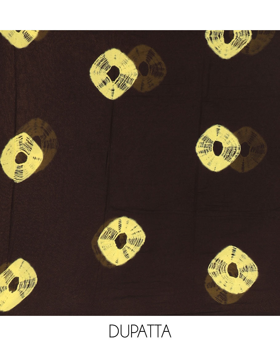 Black and yellow viscose georgette material churidar set, big bandhani dots printed top, plain bottom, and big bandhani dots printed dupatta