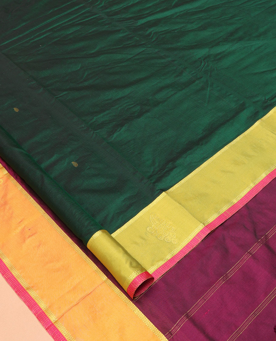 Green Zari Buttas Ten-Yard Saree, Complemented by a Contrast Border, Self-Pallu of Buttas and Stripes, and No Blouse