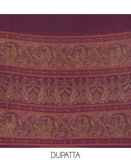 Purple Italian crepe material chudidar set, paisley printed top, plain bottom, and floral-paisley printed georgrette dupatta