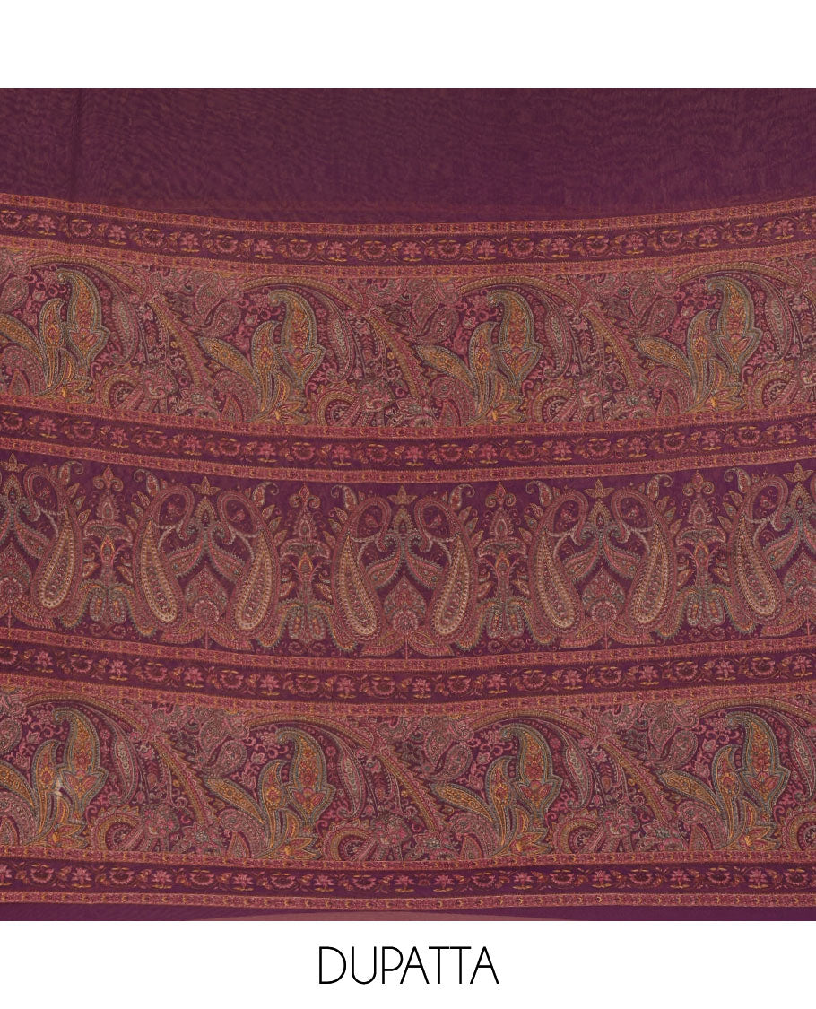 Purple Italian crepe material chudidar set, paisley printed top, plain bottom, and floral-paisley printed georgrette dupatta