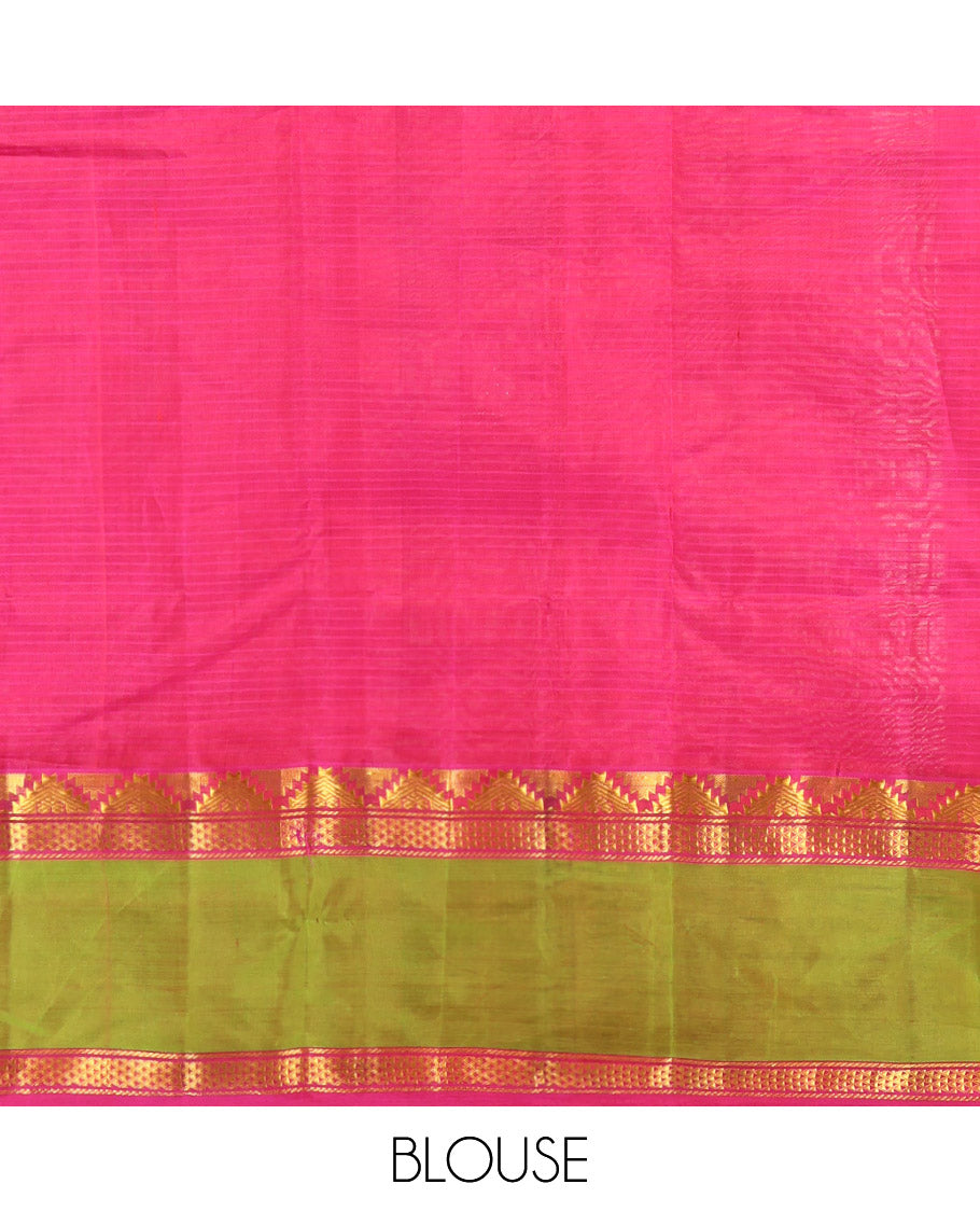 Orange Kanchipuram Silk Saree, Sparsely Woven with Vazhai Poo Stripes on Its Body, Complemented by Contrast Rettai Pettu Border of Thazampoo Rekku, and Ara Maadam Designs, Zari-Striped Pallu, and Paired with a Contrast Blouse