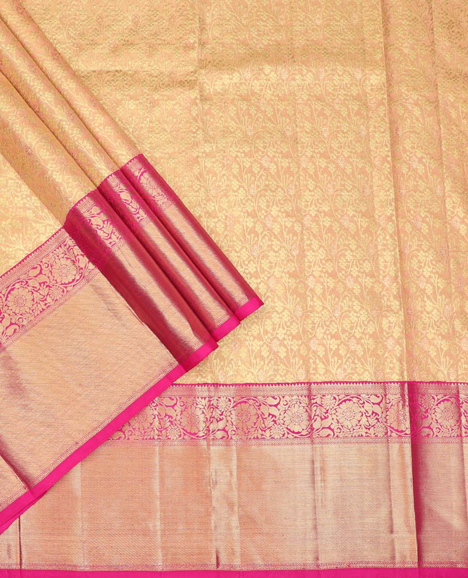 Sandal floral jacquard pure silk half saree with contrast zari design border, zari design blouse & floral zari design dhavani
