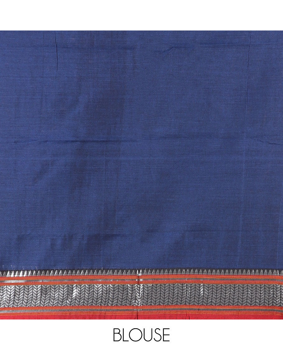 Navy blue half-saree, plain with contrast traditional zari border skirt, matching blouse and a contrast zari border dhavani