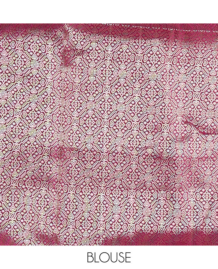 Cream with purple semi-banarasi half-saree, zari buttas with contrast traditional zari border skirt, zari jacquard blouse, and zari design dhavani