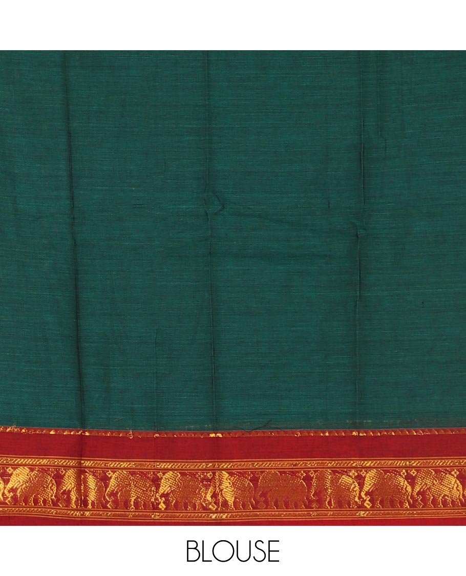 Green mercedised cotton half-saree, plain contrast elephant zari border skirt, matching blouse & contrast maroon zari elephant border dhavani
