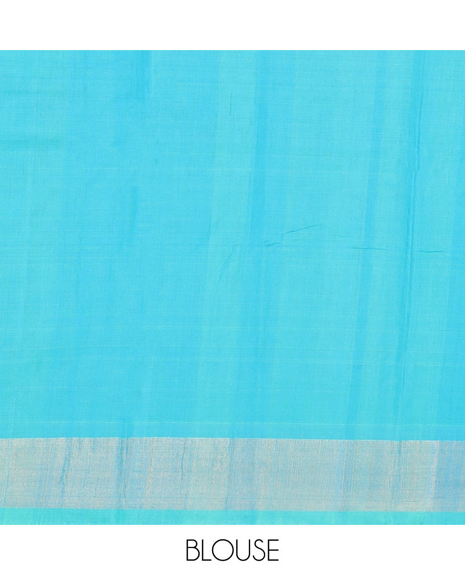 Blue Ikkat Cotton Saree, Accentuated with Ikkat-Style Geometric Patterns All Over Its Body, Complemented by a Contrast Zari Border, Pallu of Geometric Designs in Ikkat Weave, and Paired with a Contrast Blouse