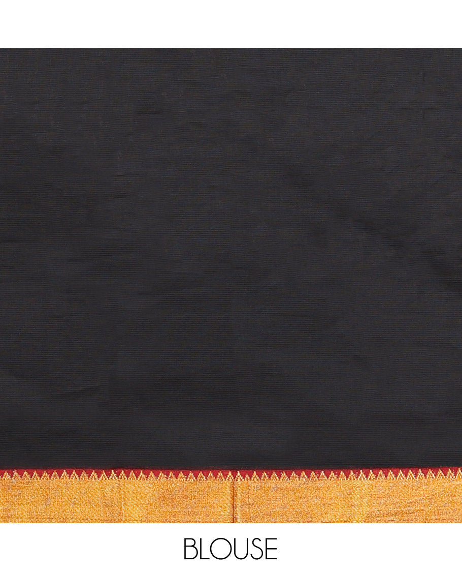Black Cotton Half-Saree Features Plain Skirt, a Contrast Temple Zari Border, a Matching Blouse, and a Contrast Dhavani