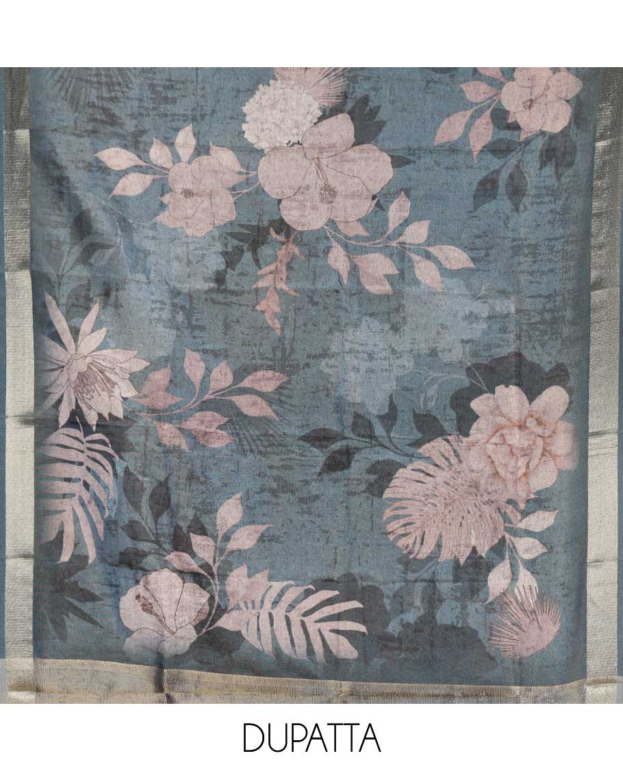 Grey and blue material chudidar set, geometric digital printed with neck embroidered Shimmer tissue top, santoon bottom, and floral printed Shimmer tissue dupatta