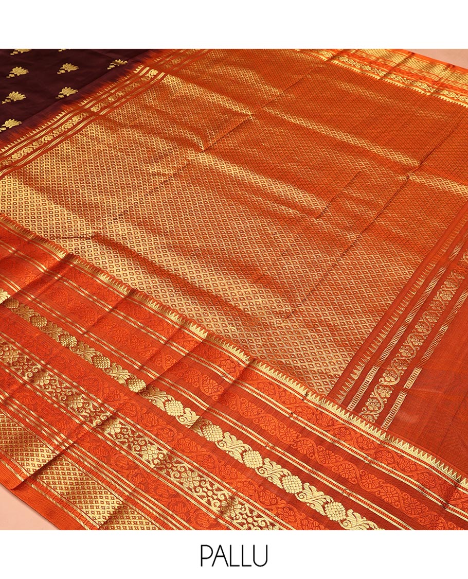 Brown Venkatagiri Silk Saree, Spotlighted with Zari Buttas All Over Its Body, Complemented by a Contrast Border of Temple, Floral, and Peacock-Eye Designs, Pallu of Peacock Eye Designs, and Paired with a Contrast Blouse