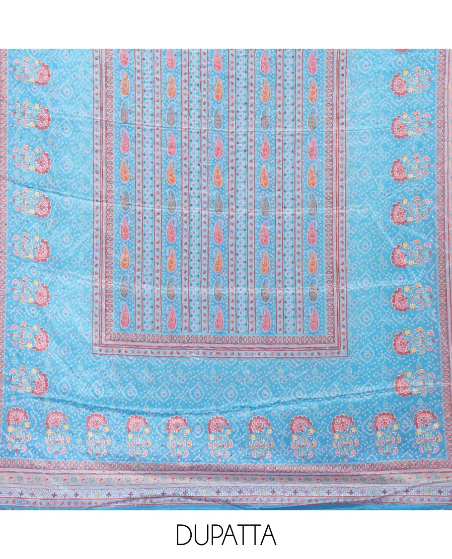 Blue bhandani print, floral design, swarovski work crepe chudidhar material top with american crepe pant & chinnon material bhandani print, swarovski work dupatta