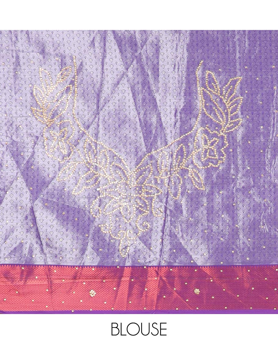 Orange vastrakala silk saree floral design with contrast floral, stone work border & floral design in stone work pallu