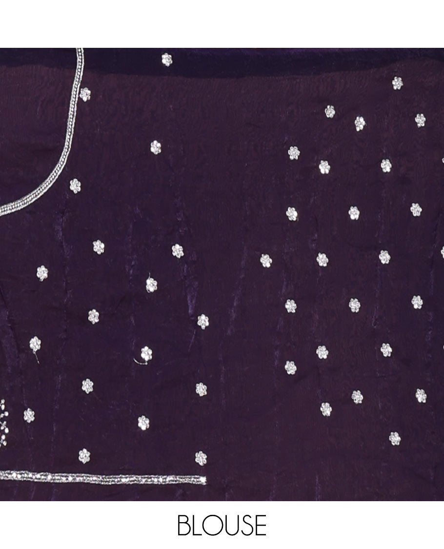 Violet half-saree, buttas, tree, and peacock motifs embroidered semi-taffeta silk top, matching blouse, and contrast scallop embroidered dhavani