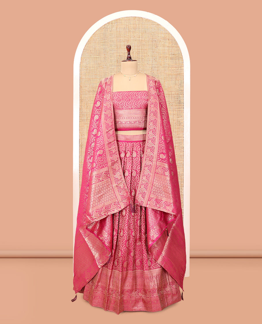 Pink Banarasi Half-Saree, Artfully Detailed with Jacquard Design Skirt, a Traditional Border, Matching Blouse, and Intricately Designed Dupatta