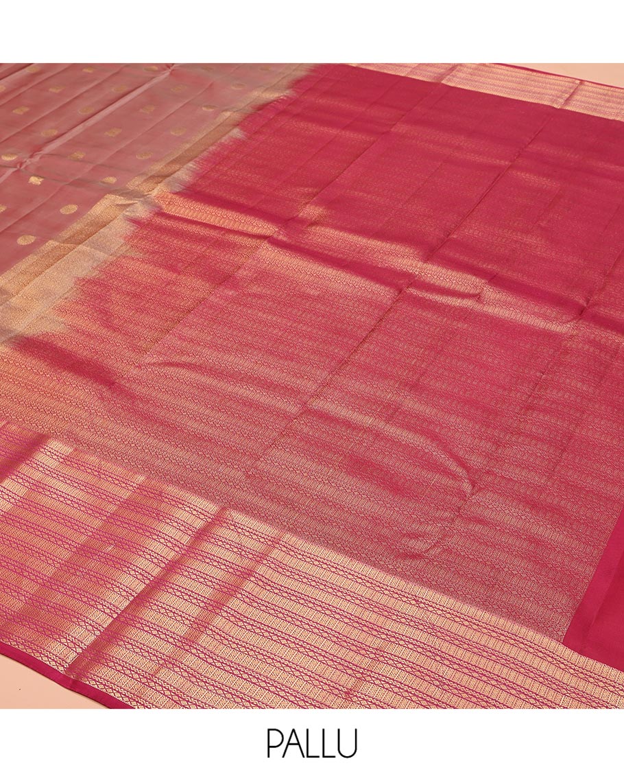 Brown Vasundhara Silk Mix Saree, Enriched with Mayil and Chakram Buttas All Over Its Body, Complemented by Contrast Geometric Patterned Border, Grandly Decked Up Pallu and Paired with a Contrast Blouse