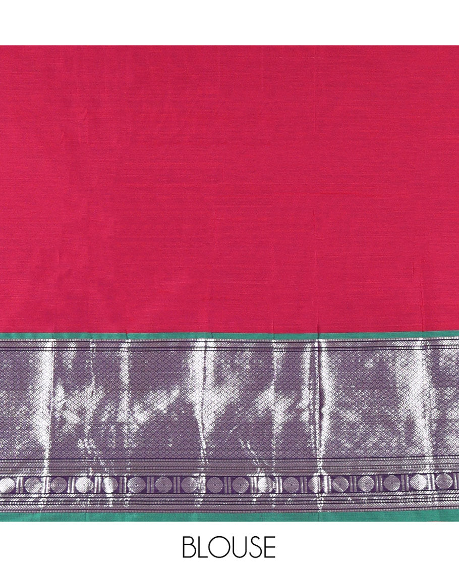 Rani Pink-Green Mercerised Cotton Half-Saree Features Plain with Contrast Traditional Zari Bordered Skirt, Paired with a Matching Blouse, and Comes with a Contrast Bordered Dhavani