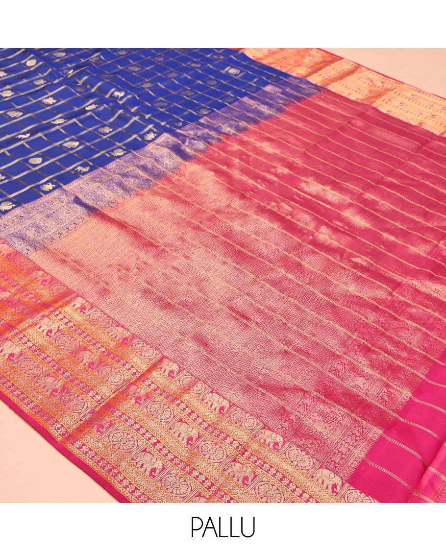 Blue Vasundhara Lite Silk Mix Saree, Enriched with Butta Enclosed Checks, a Contrast Border of Yaanai, Chakram, and Neli Designs, Vanki Pallu, and a Contrast Blouse