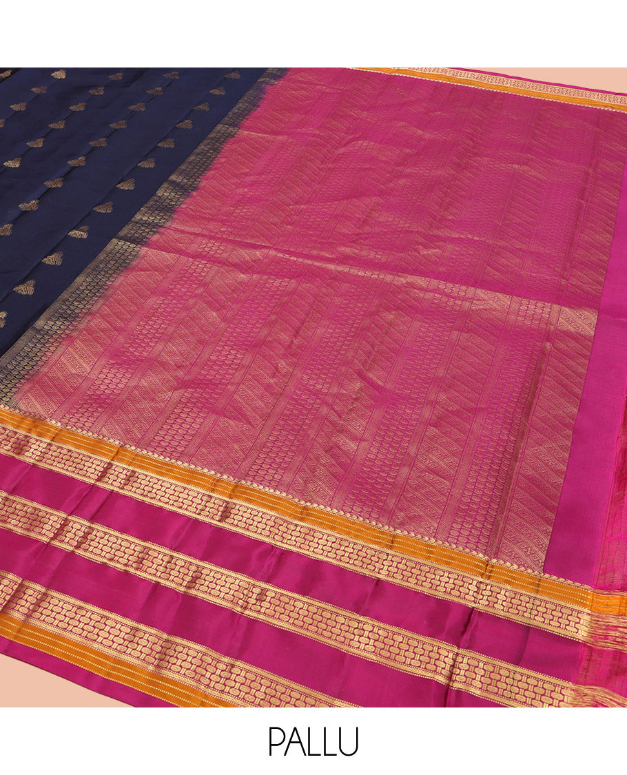 Blue Vasundhara Lite Silk Mix Saree, Elevated with Zari Buttas All Over Its Body, Complemented by a Contrast Border of Manga Mokku, Muthu, and Rudraksham Designs, Gracefully Embellished Pallu, and Paired with a Contrast Blouse