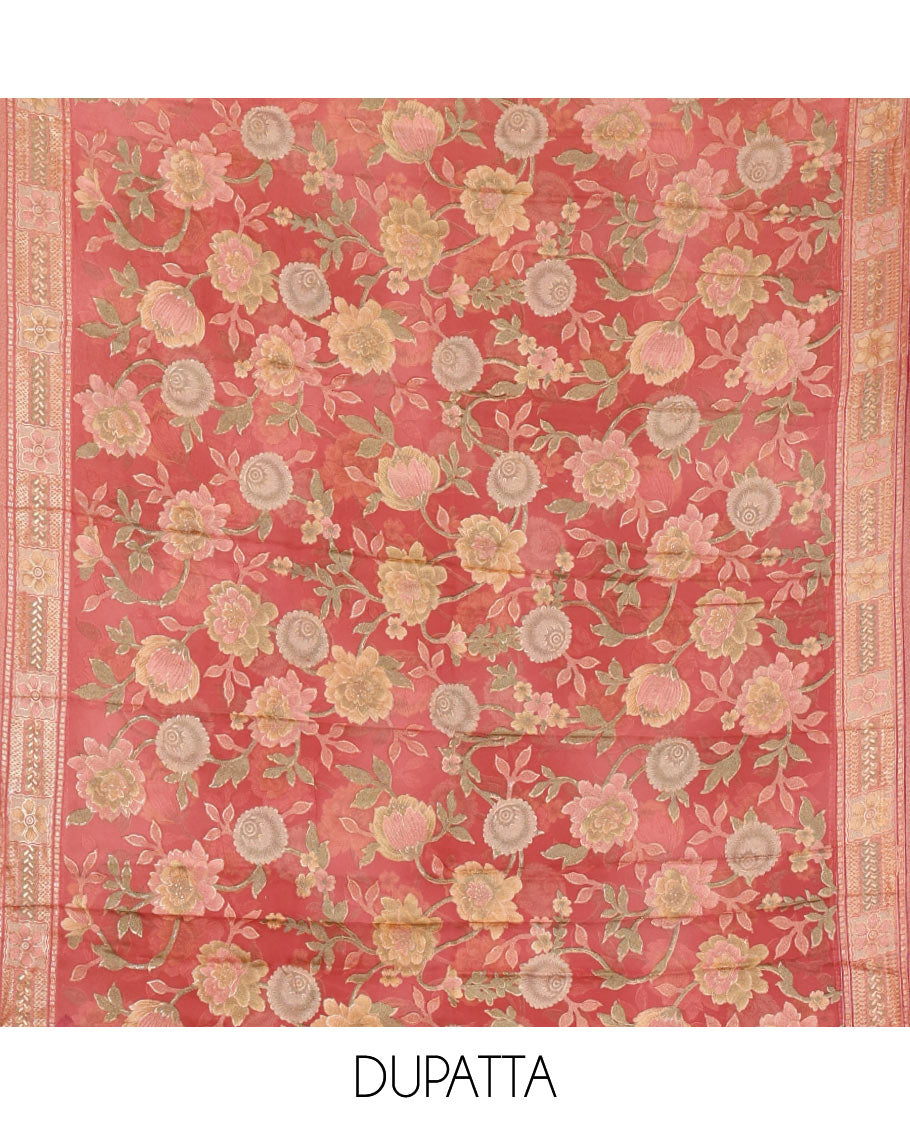 Dark peach material chudidar set, plain with neck work vichitra silk top, cotton bottom & baraso floral printed dupatta