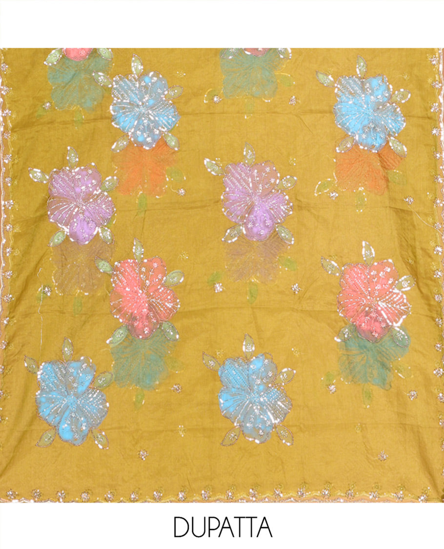 Green Vichitra Silk Material Chudidar Set, Delicately Woven with Pom-Pom Necklined Top, a Plain Santoon Bottom, and Paired Scallop Multi-Color Floral Embroidered Organza Dupatta