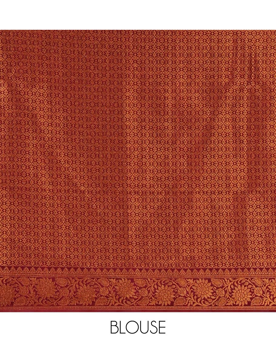 Cream semi-banaras half-saree, zari buttas & contrast Swarovski stonework traditional border skirt, jacquard blouse & contrast jaal jacquard maroon dhavani
