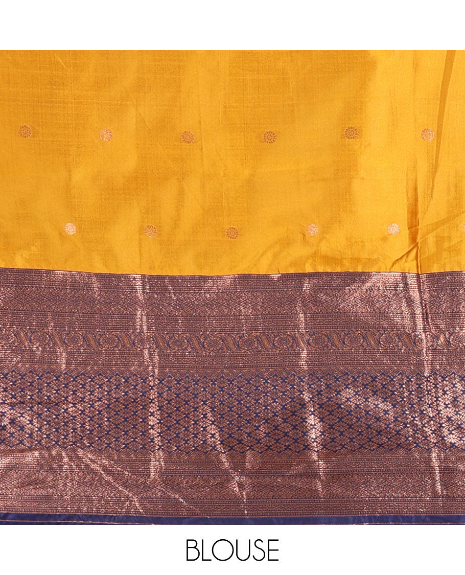 Mustard-blue taffeta half-saree, zari buttas with contrast traditional zari bordered skirt, a matching blouse, and contrast zari border dhavani with belt