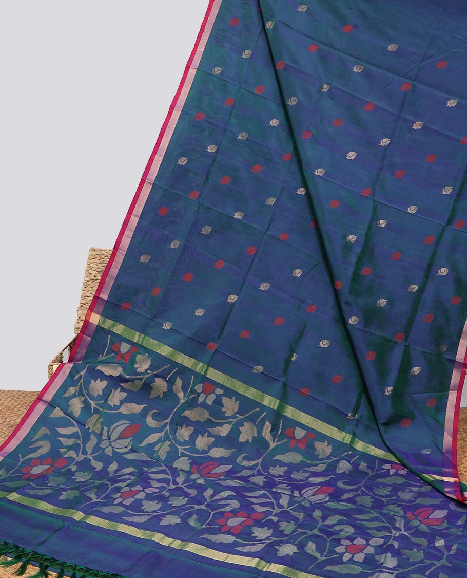 Dark Blue motifs uppada silk saree with contrast zari border & floral vine design pallu