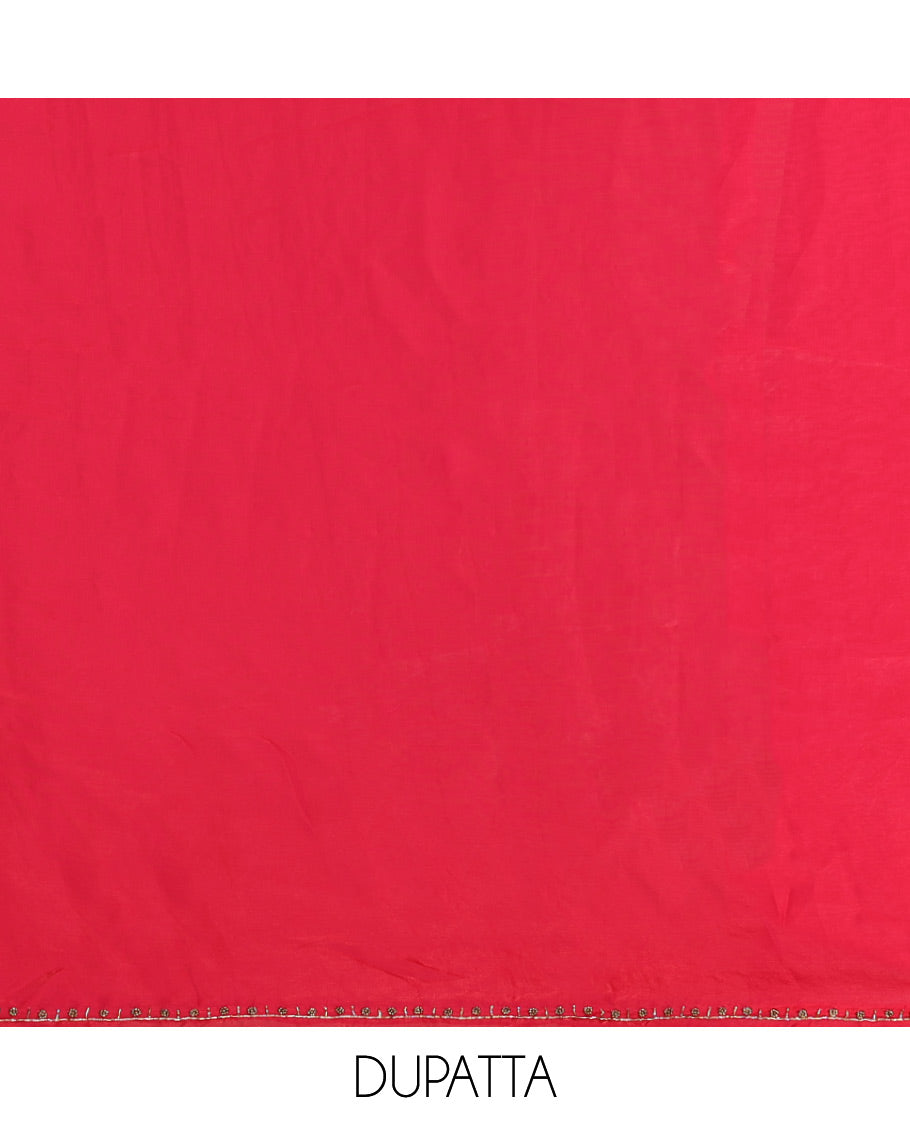Red moti handwork velvet organza chudidhar material top with american crepe pant & one side handwork dupatta