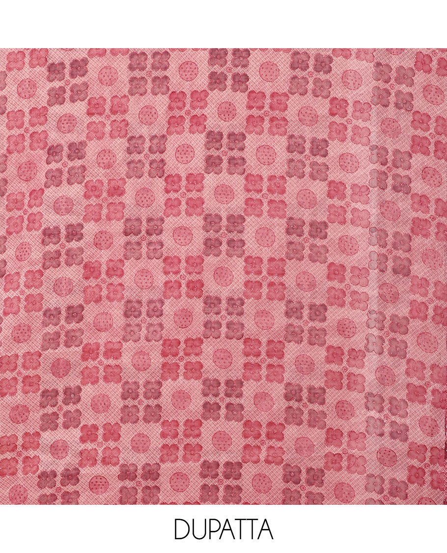 Onion pink Vichitra silk material chudidar set, brasso print & mirror embroidered neck work top, santoon bottom & four-petal floral motifs printed dupatta