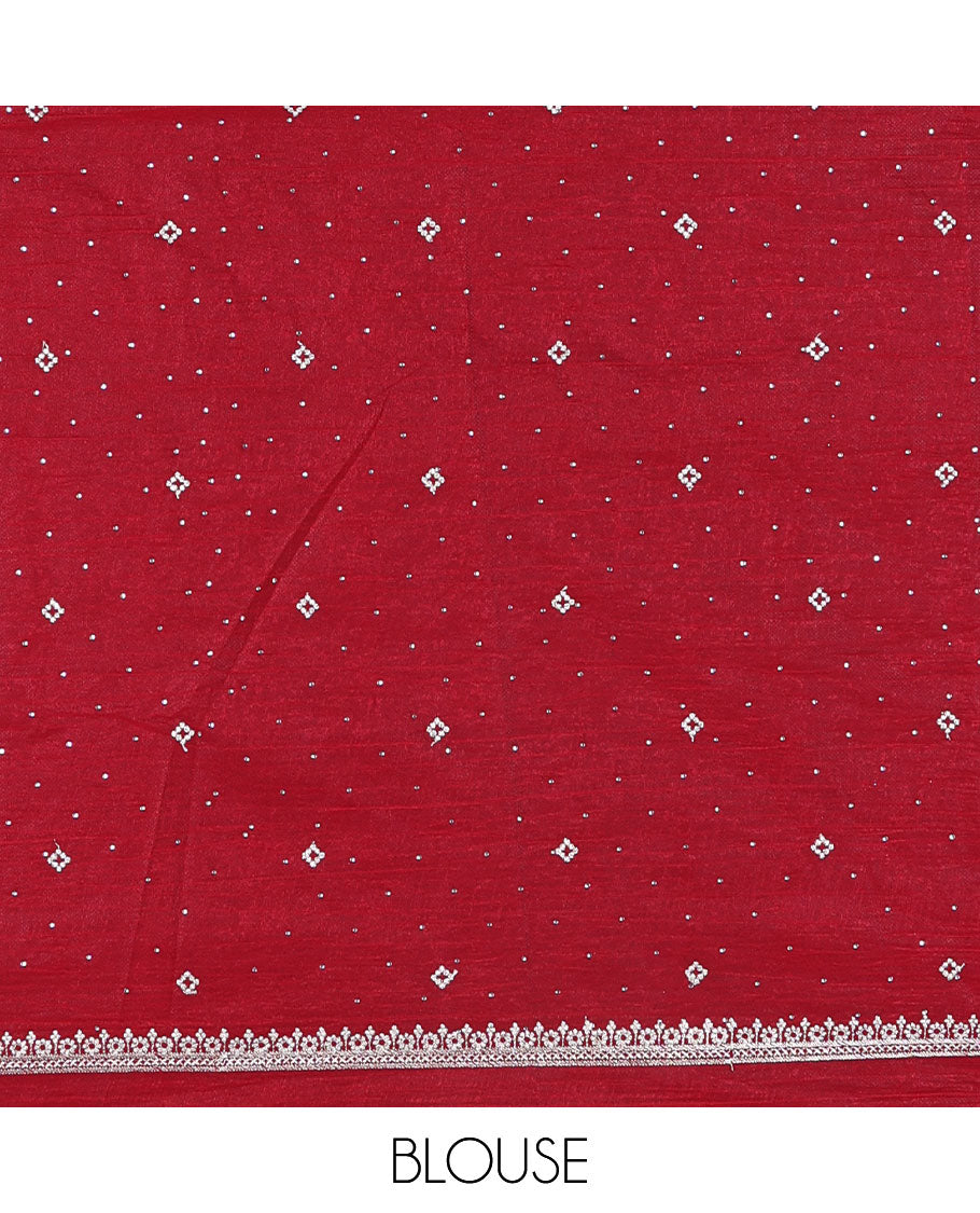 Red half-saree, floral motifs embroidered semi-raw silk top, matching embroidered blouse, and contrast scallop embroidered georgette dhavani