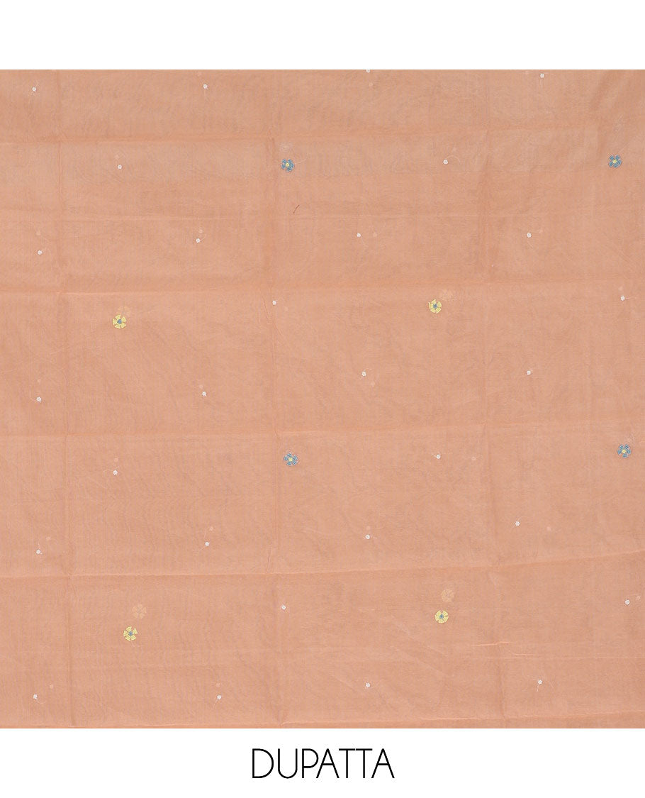 Peach net kota material chudidar set, macaw parrot, and flower motifs, multi-color sugar bead embroidered top, plain santoon bottom, and sugar bead embroidered dupatta