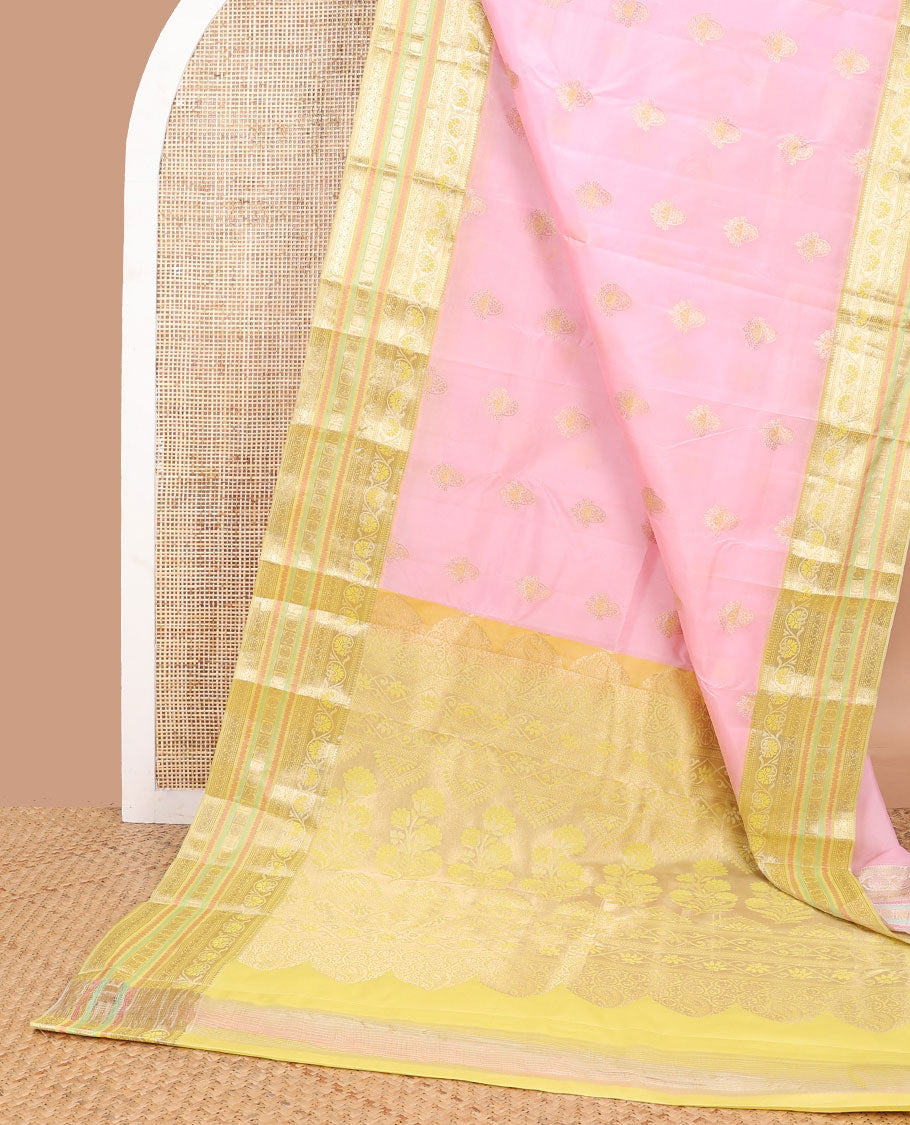 Light pink floral design vasundhara elite silk saree with contrast intricate design border & floral design pallu